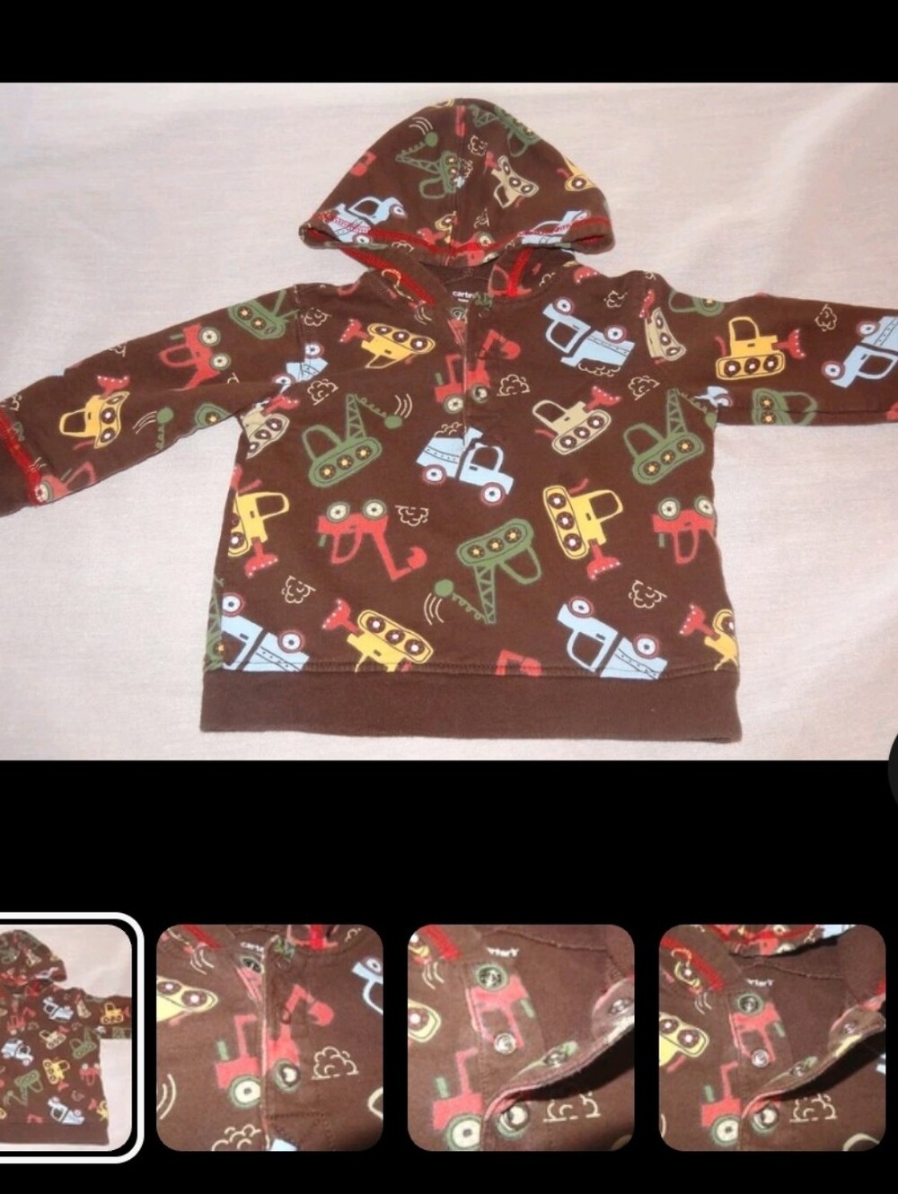 Carter’s hoodie Features trucks 12 mo brown red yellow fall ready colorful